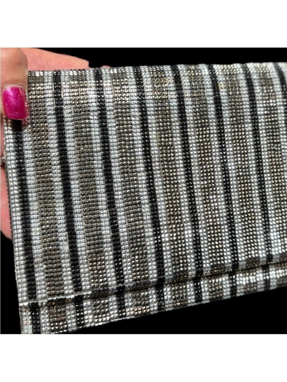 Sondra Roberts-Silver/black stripe rhinestone clutch/silver chain 9.5”x5.5” EUC!